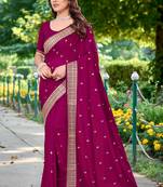 Magenta Zari Resham Embroidered Vichitra Silk Party Wear Saree Sari With Matching Blouse Piece