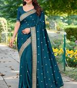 Teal Blue Zari Resham Embroidered Vichitra Silk Party Wear Saree Sari With Matching Blouse Piece