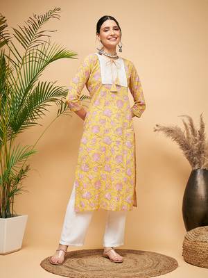 LIME PINK PRINT PATCH COTTON STRAIGHT KURTA 1