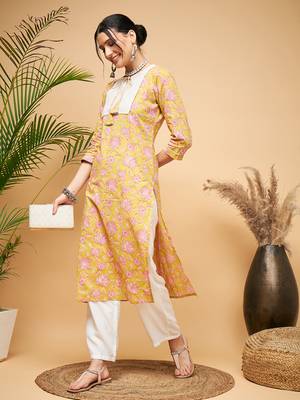 LIME PINK PRINT PATCH COTTON STRAIGHT KURTA 2