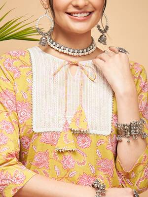 LIME PINK PRINT PATCH COTTON STRAIGHT KURTA 4