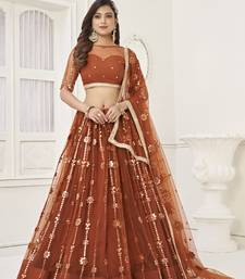Women's Brown Butterfly Net Embroidered Tone To Tone Thread Work Lehenga Choli For Party Wear