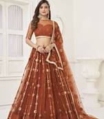 Women's Brown Butterfly Net Embroidered Tone To Tone Thread Work Lehenga Choli For Party Wear