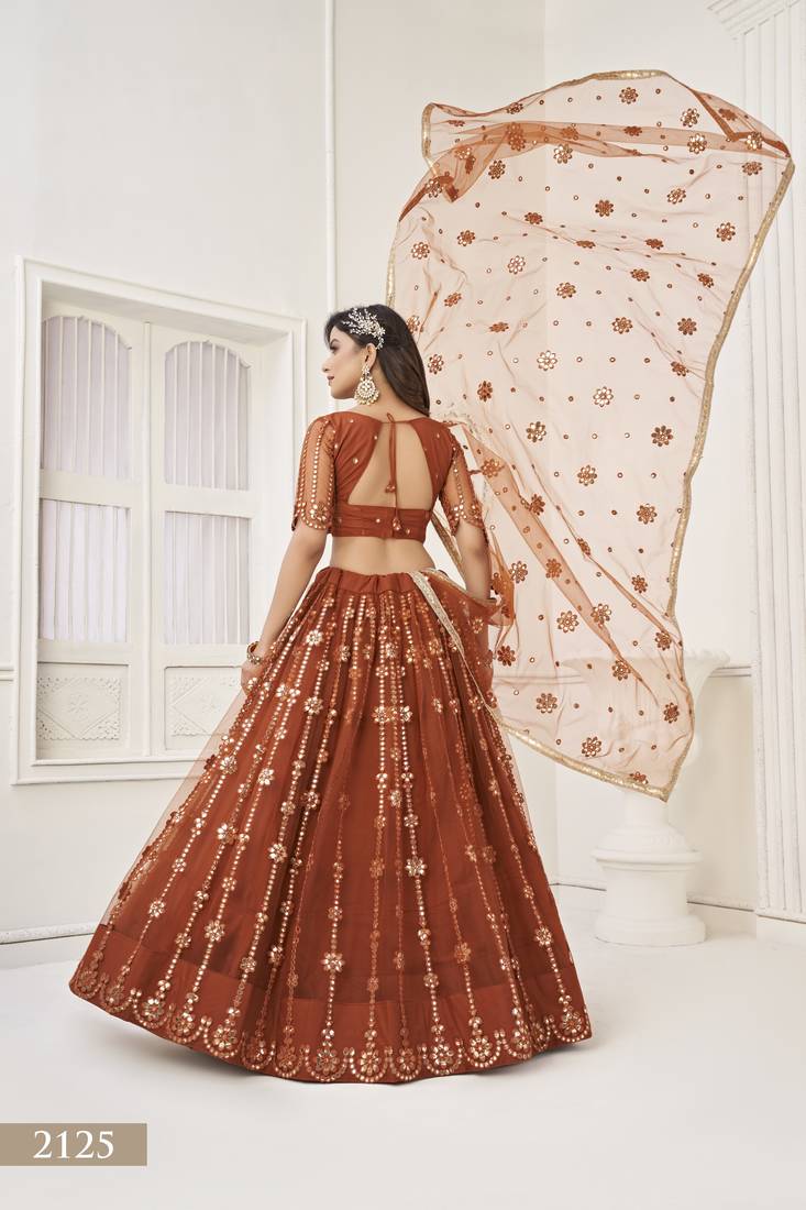 Women's Brown Butterfly Net Embroidered Tone To Tone Thread Work Lehenga Choli For Party Wear