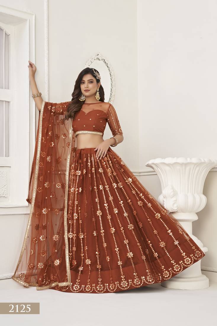 Women's Brown Butterfly Net Embroidered Tone To Tone Thread Work Lehenga Choli For Party Wear