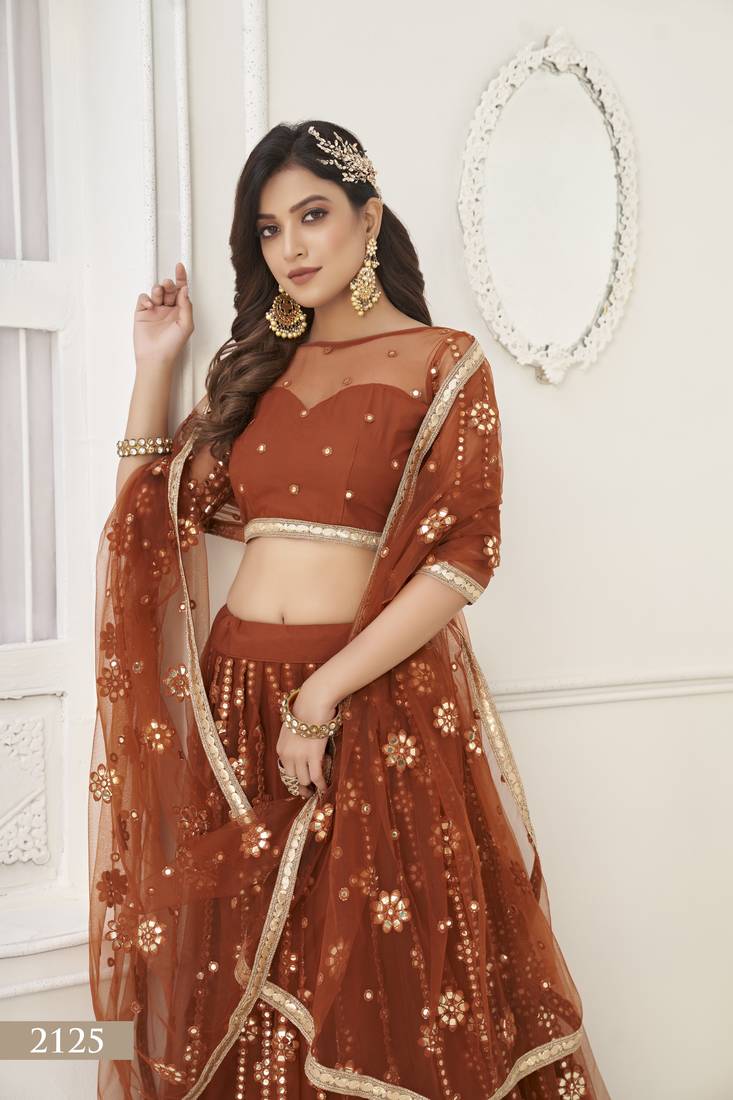 Women's Brown Butterfly Net Embroidered Tone To Tone Thread Work Lehenga Choli For Party Wear