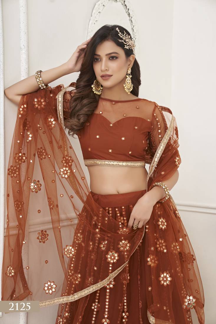 Women's Brown Butterfly Net Embroidered Tone To Tone Thread Work Lehenga Choli For Party Wear