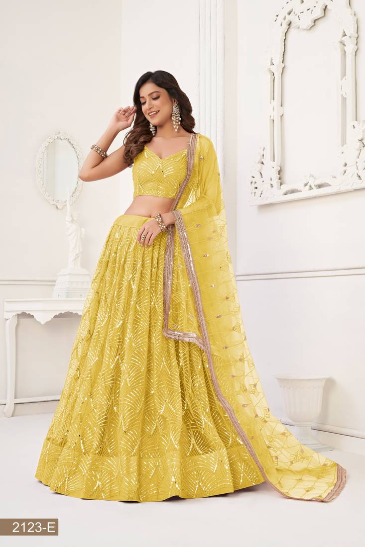 Glamorous Yellow Net With Sequins And Thread Embroidery Real Mirror Work Lehenga Choli For Wedding