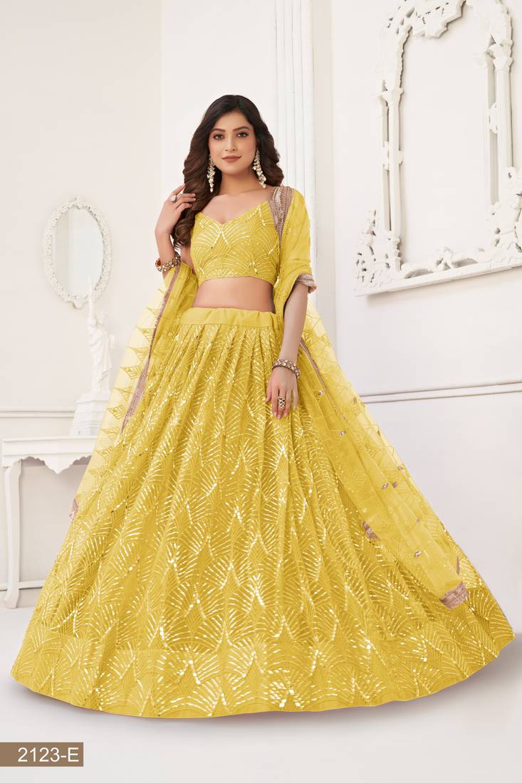Glamorous Yellow Net With Sequins And Thread Embroidery Real Mirror Work Lehenga Choli For Wedding
