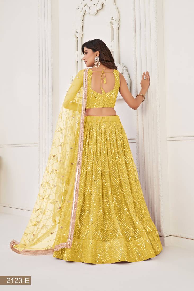 Glamorous Yellow Net With Sequins And Thread Embroidery Real Mirror Work Lehenga Choli For Wedding