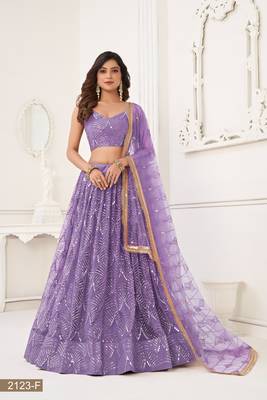 Glamorous Lavender Net With Sequins And Thread Embroidery Real Mirror Work Lehenga Choli For Wedding 1