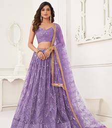 Glamorous Lavender Net With Sequins And Thread Embroidery Real Mirror Work Lehenga Choli For Wedding