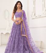 Glamorous Lavender Net With Sequins And Thread Embroidery Real Mirror Work Lehenga Choli For Wedding