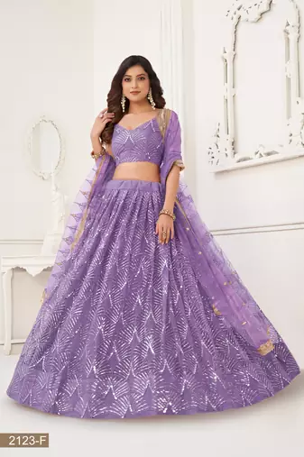 Glamorous Lavender Net With Sequins And Thread Embroidery Real Mirror Work Lehenga Choli For Wedding