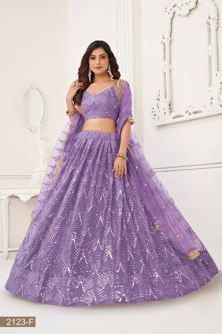 Glamorous Lavender Net With Sequins And Thread Embroidery Real Mirror Work Lehenga Choli For Wedding