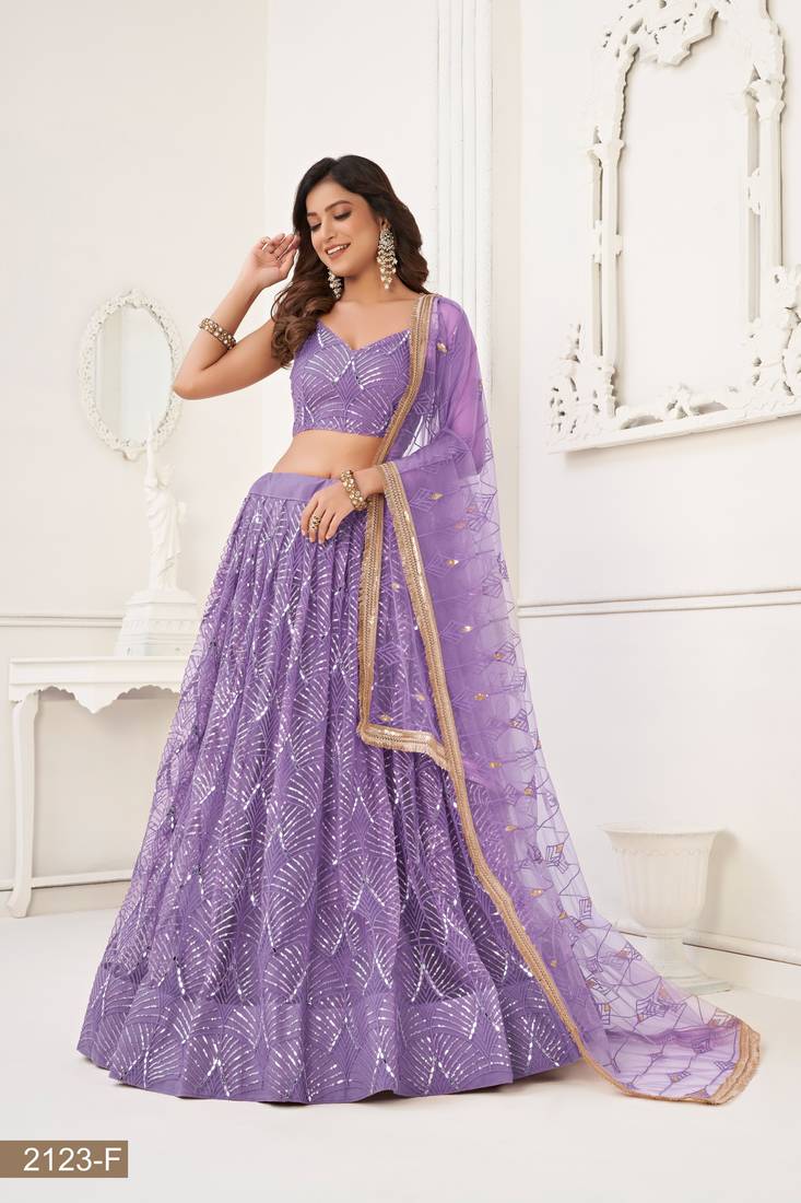 Glamorous Lavender Net With Sequins And Thread Embroidery Real Mirror Work Lehenga Choli For Wedding