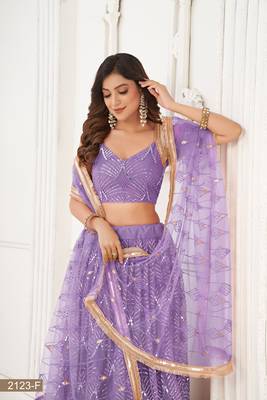 Glamorous Lavender Net With Sequins And Thread Embroidery Real Mirror Work Lehenga Choli For Wedding 4