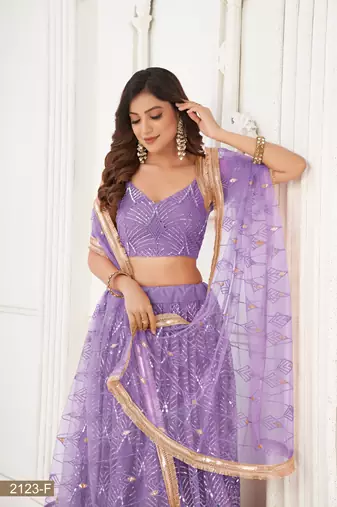 Glamorous Lavender Net With Sequins And Thread Embroidery Real Mirror Work Lehenga Choli For Wedding