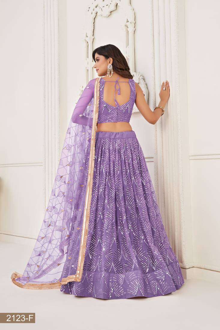 Glamorous Lavender Net With Sequins And Thread Embroidery Real Mirror Work Lehenga Choli For Wedding