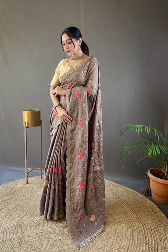 Tussar Silk Blend Sarees With Embroidery Jaal & Floral Design