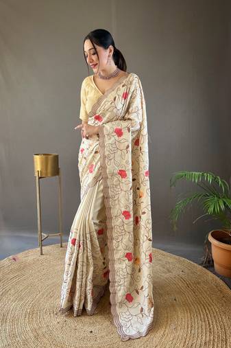 Tussar Silk Blend Sarees With Embroidery Jaal & Floral Design