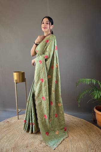 Tussar Silk Blend Sarees With Embroidery Jaal & Floral Design