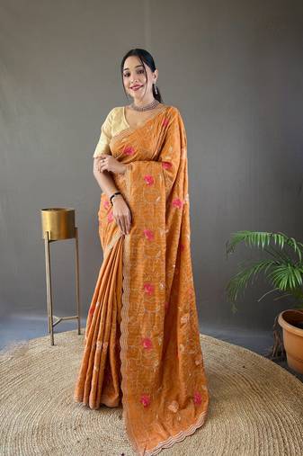 Tussar Silk Blend Sarees With Embroidery Jaal & Floral Design