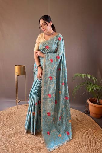 Tussar Silk Blend Sarees With Embroidery Jaal & Floral Design