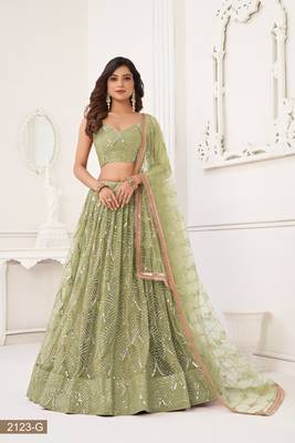 Glamorous Pista Green Net With Sequins And Thread Embroidery Real Mirror Work Lehenga Choli For Wedding 1
