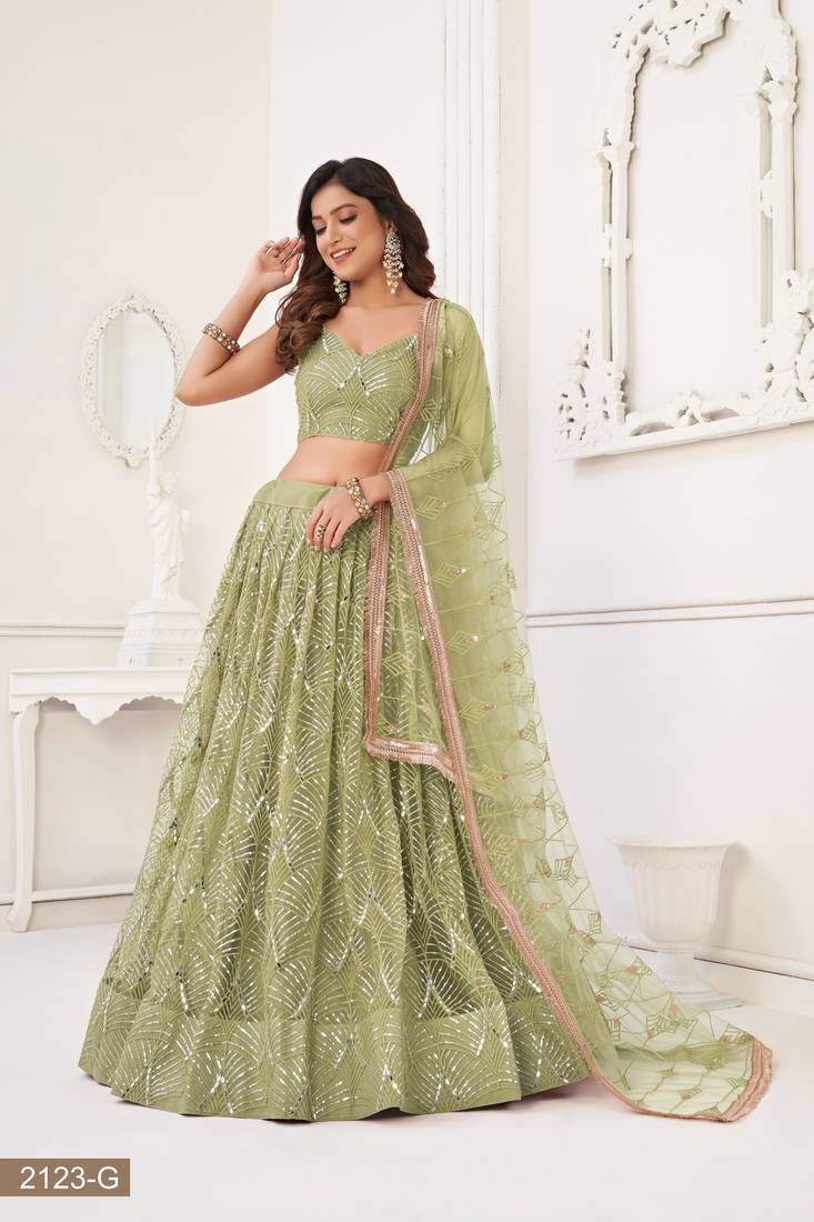 Glamorous Pista Green Net With Sequins And Thread Embroidery Real Mirror Work Lehenga Choli For Wedding