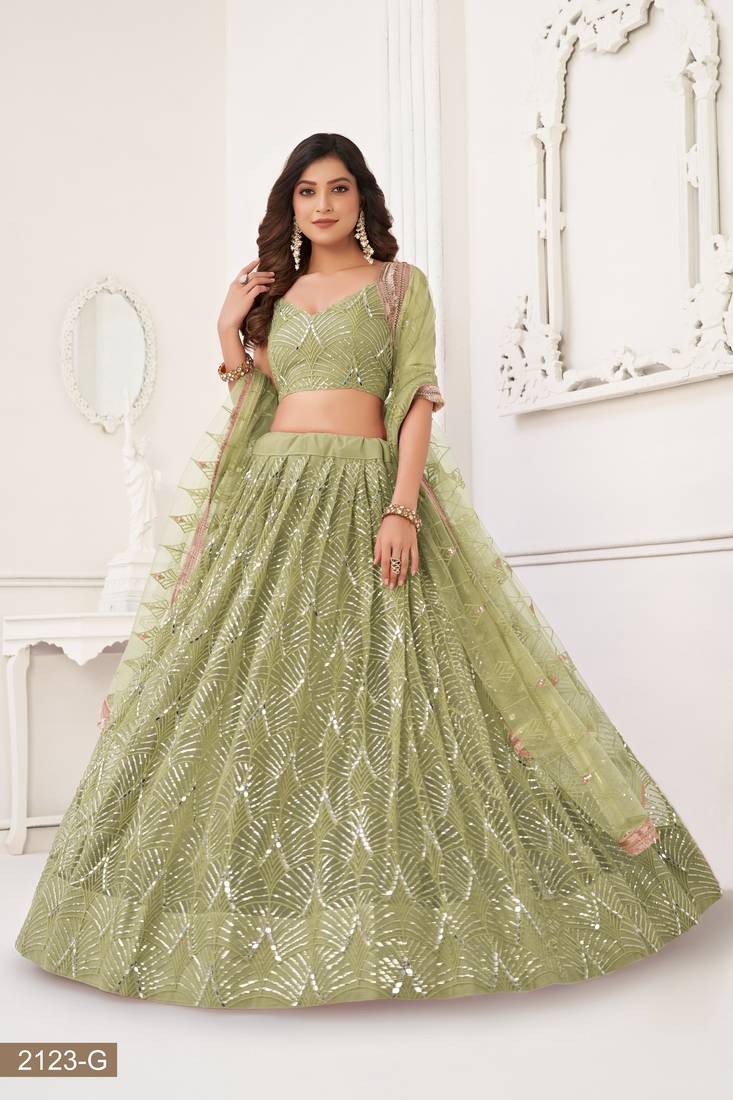 Glamorous Pista Green Net With Sequins And Thread Embroidery Real Mirror Work Lehenga Choli For Wedding