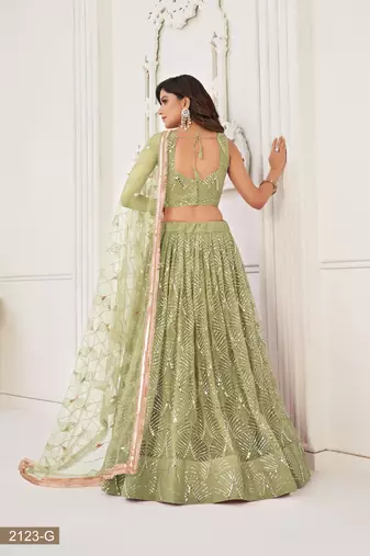 Glamorous Pista Green Net With Sequins And Thread Embroidery Real Mirror Work Lehenga Choli For Wedding