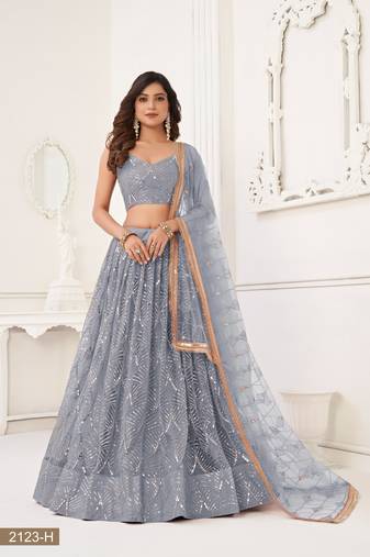 Glamorous Light Grey Net With Sequins And Thread Embroidery Real Mirror Work Lehenga Choli For Wedding