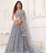 Glamorous Light Grey Net With Sequins And Thread Embroidery Real Mirror Work Lehenga Choli For Wedding