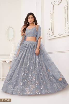 Glamorous Light Grey Net With Sequins And Thread Embroidery Real Mirror Work Lehenga Choli For Wedding 2
