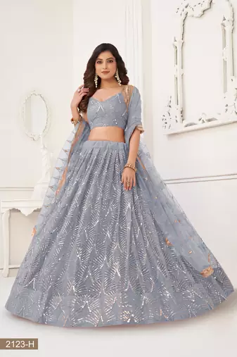 Glamorous Light Grey Net With Sequins And Thread Embroidery Real Mirror Work Lehenga Choli For Wedding