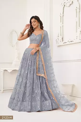 Glamorous Light Grey Net With Sequins And Thread Embroidery Real Mirror Work Lehenga Choli For Wedding