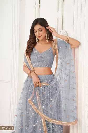 Glamorous Light Grey Net With Sequins And Thread Embroidery Real Mirror Work Lehenga Choli For Wedding
