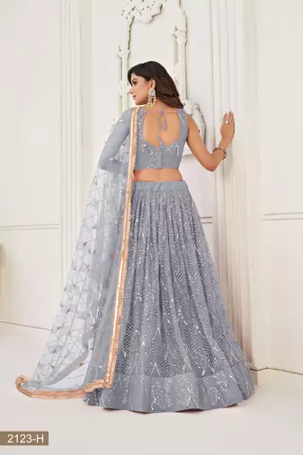 Glamorous Light Grey Net With Sequins And Thread Embroidery Real Mirror Work Lehenga Choli For Wedding