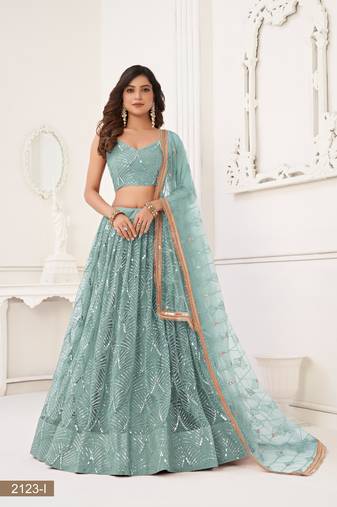 Glamorous Ocean Blue Net With Sequins And Thread Embroidery Real Mirror Work Lehenga Choli For Wedding