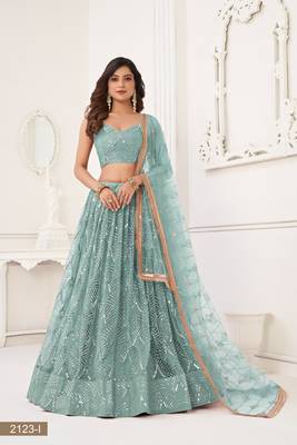 Glamorous Ocean Blue Net With Sequins And Thread Embroidery Real Mirror Work Lehenga Choli For Wedding 1