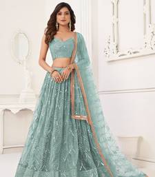 Glamorous Ocean Blue Net With Sequins And Thread Embroidery Real Mirror Work Lehenga Choli For Wedding