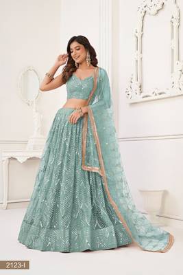 Glamorous Ocean Blue Net With Sequins And Thread Embroidery Real Mirror Work Lehenga Choli For Wedding 2