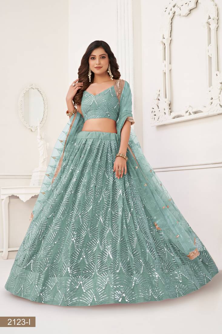 Glamorous Ocean Blue Net With Sequins And Thread Embroidery Real Mirror Work Lehenga Choli For Wedding