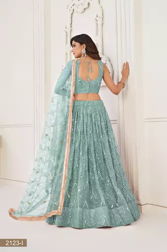 Glamorous Ocean Blue Net With Sequins And Thread Embroidery Real Mirror Work Lehenga Choli For Wedding