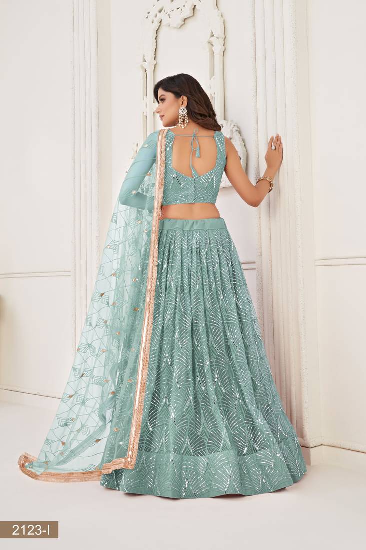 Glamorous Ocean Blue Net With Sequins And Thread Embroidery Real Mirror Work Lehenga Choli For Wedding