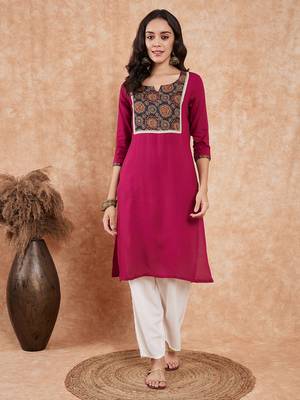 WINE PRINTED NECK PATCH WORK STRAIGHT KURTA 1