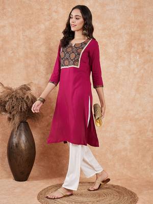 WINE PRINTED NECK PATCH WORK STRAIGHT KURTA 2