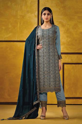 Teal blue color rangoli Silk Blend embroidered trendy salwar kameez
