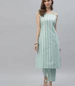Women's Striped Cotton Blend Straight Kurta Pant Set